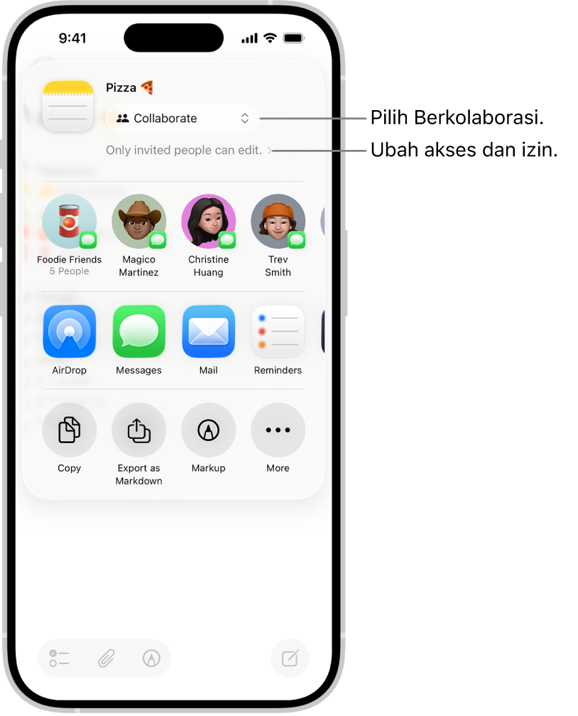 Undangan kolaborasi ke resep di Catatan, menampilkan Kolaborasi untuk pilihan berbagi dan “Hanya yang diundang yang dapat mengedit” sebagai akses dan pengaturan izin. Empat kemungkinan penerima, termasuk grup, membuat baris di bawahnya. Baris berikutnya menawarkan cara berbeda untuk membagikan catatan: AirDrop, Pesan, Mail, dan Pengingat.