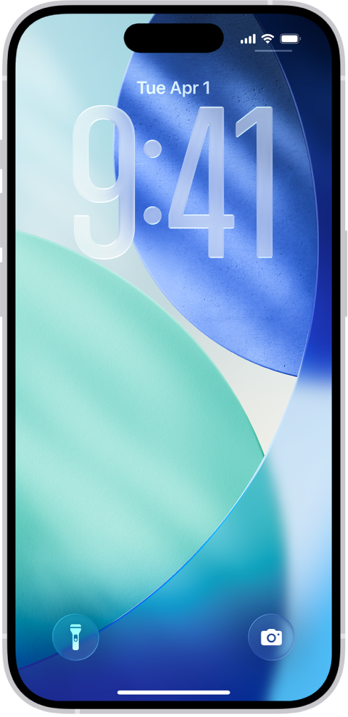 Layar Terkunci iPhone menampilkan waktu dan tanggal di dekat bagian atas dan ikon untuk Senter dan Kamera di dekat bagian bawah.