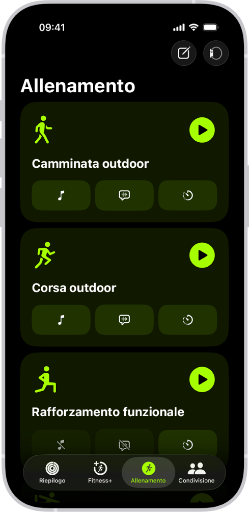 La schermata dell’allenamento di Fitness che mostra tre allenamenti.