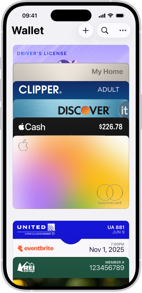 La schermata di Wallet con varie carte di pagamento e biglietti.
