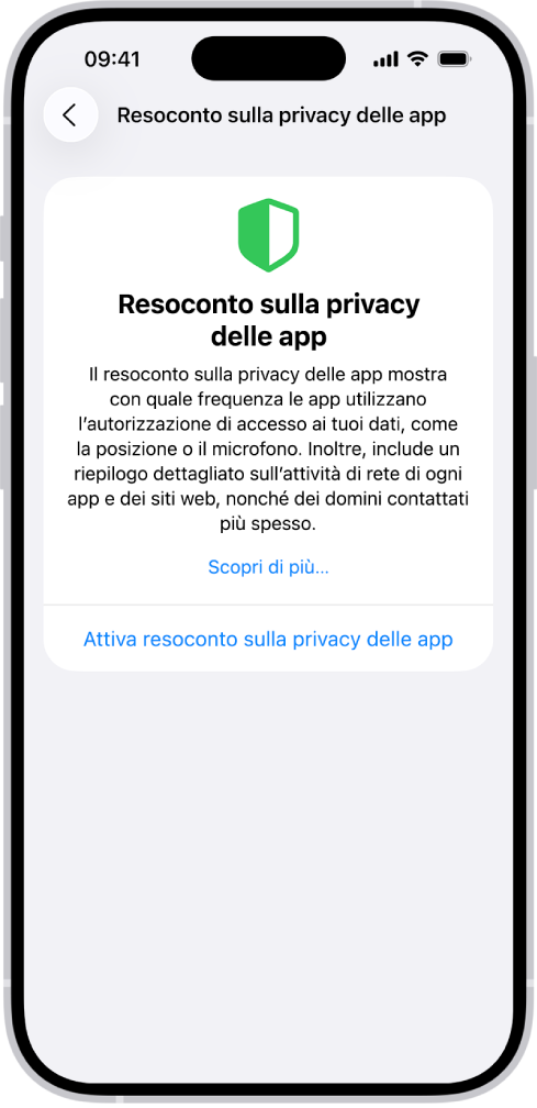 Un resoconto sulla privacy delle app che elenca le informazioni sulle app per la categoria “Accesso ai dati e ai sensori” e informazioni per la categoria “Attività di rete delle app”.