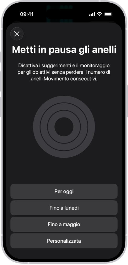 La schermata per mettere in pausa gli anelli, in cui sono mostrate tutte le opzioni per mettere in pausa gli anelli di Attività.