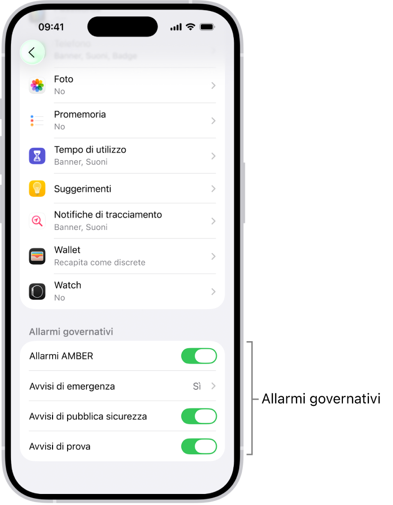 La schermata di Notifiche che mostra gli allarmi governativi che puoi attivare per riceverli.