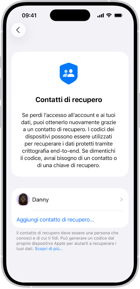 La schermata “Aggiungi contatto di recupero”.
