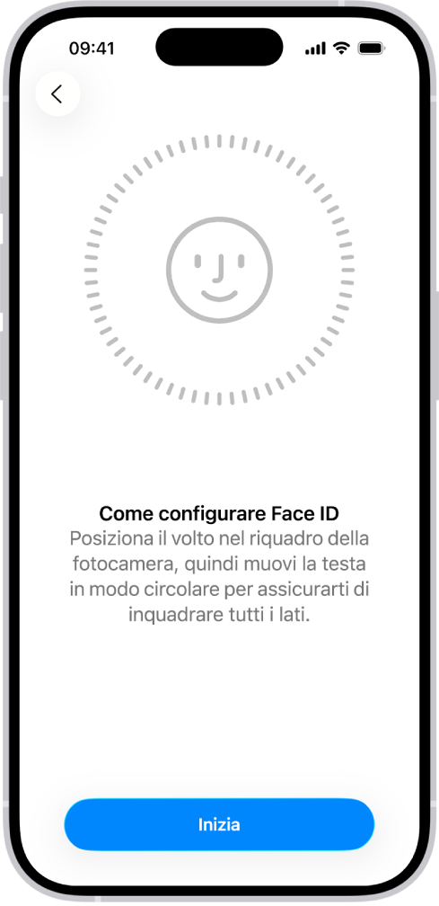 La schermata di configurazione del riconoscimento di Face ID. Sullo schermo è visibile un volto sorridente, circondato da un cerchio. Il testo sotto di esso indica all’utente di muovere la testa lentamente in modo da tracciare un cerchio completo. Il pulsante Inizia è vicino alla parte inferiore dello schermo.