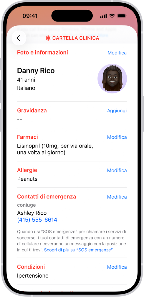 Una schermata di una cartella clinica che contiene informazioni come la data di nascita, i farmaci, le allergie, i contatti di emergenza e le condizioni di salute.