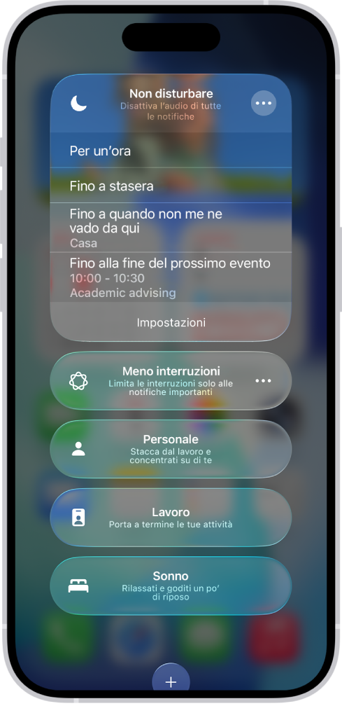 La schermata per scegliere per quanto tempo lasciare attivo “Non disturbare”. Le opzioni sono “Per un’ora”, “Fino a stasera”, “Fino a quando non me ne vado da qui”.