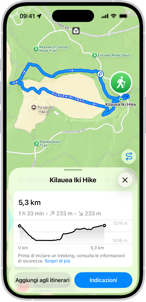 Una panoramica di un percorso di trekking scaricabile, con la distanza, il profilo dell’altitudine, il tempo previsto e le opzioni per salvare od ottenere le indicazioni verso l’inizio.