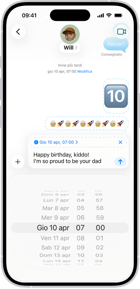 Una conversazione di Messaggi con alcuni messaggi programmati per essere inviati più tardi.