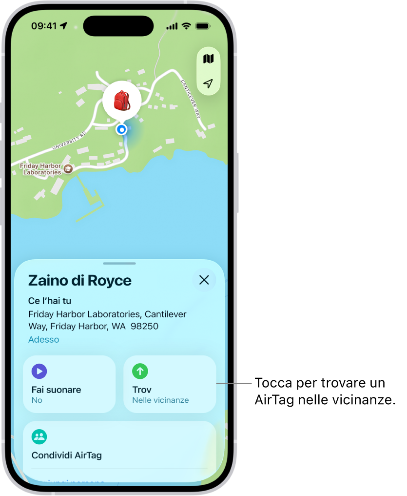 L’app Dov’è aperta, che mostra le chiavi di Daniele al Golden Gate Park. Tocca il pulsante Trova per individuare la posizione di un AirTag vicino.
