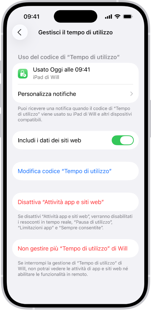 La schermata “Gestisci il tempo di utilizzo” per un bambino o una bambina di un gruppo di “In famiglia”. Nella parte superiore dello schermo viene mostrata l’ultima volta che il codice è stato usato e su quale dispositivo.