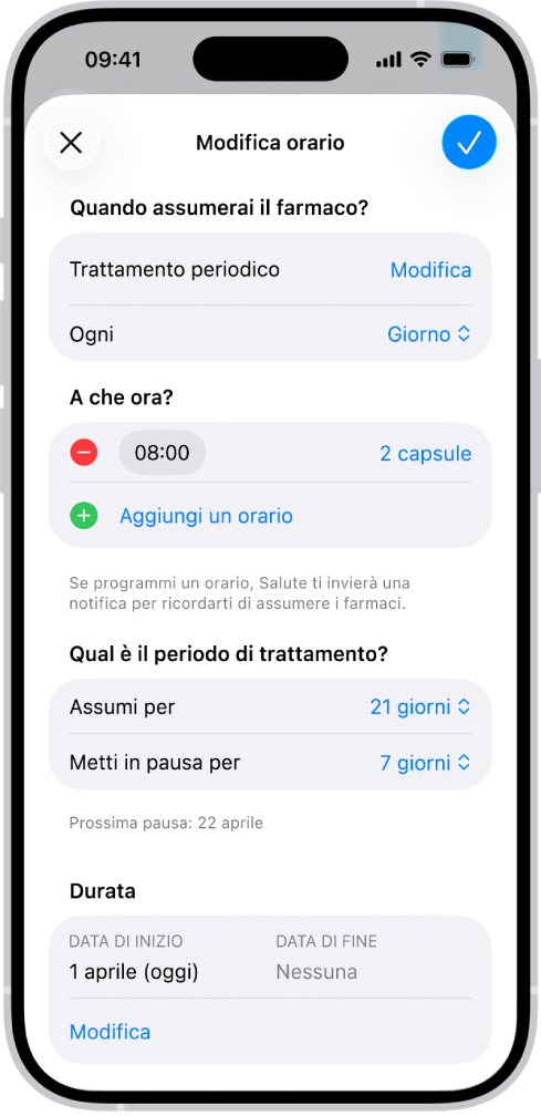 La schermata Farmaci in Salute che mostra le opzioni per modificare il programma per un farmaco.