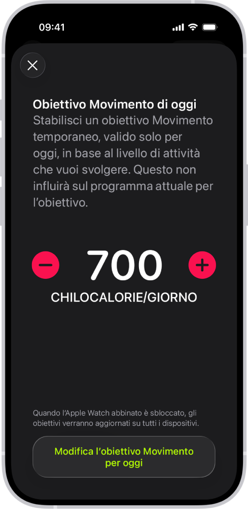 La schermata del programma dell’obiettivo Movimento in Fitness, in cui sono mostrati i pulsanti per aumentare o diminuire il valore dell’obiettivo in base al giorno della settimana.