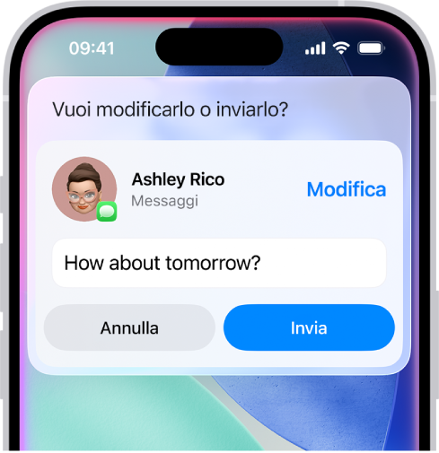Sullo schermo di iPhone è visibile una risposta di Siri in alto, con un messaggio di testo pronto per essere inviato.