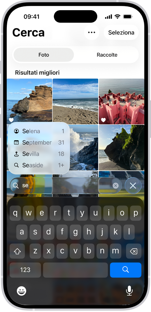 La schermata di ricerca nell’app Foto che mostra i suggerimenti di ricerca basati sul testo inserito nel campo di ricerca.
