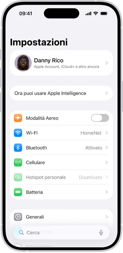 La schermata di Impostazioni con il campo di ricerca nella parte superiore e varie impostazioni sotto, come Wi-Fi, Notifiche e “Suoni e feedback aptico”.