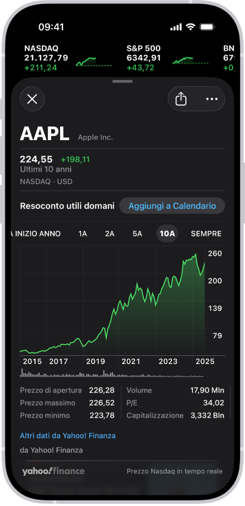 Al centro dello schermo, un grafico mostra l’andamento di un titolo in un periodo di 10 anni. Sopra al grafico è presente una notifica in cui viene specificato che l’azienda intende condividere il proprio resoconto sugli utili il giorno successivo, con un pulsante per aggiungere l’evento su Calendario.