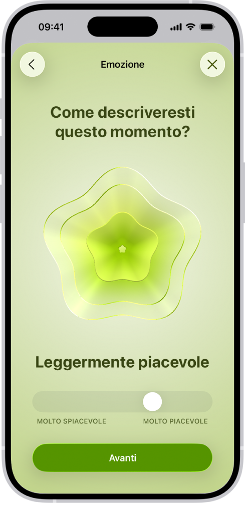 Una schermata nell’app Salute che identifica l’umore attuale come “Leggermente piacevole”. Nella parte inferiore dello schermo è presente un cursore per regolare il livello dell’emozione.