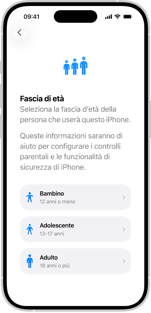 La schermata delle fasce di età. Sono presenti tre fasce di età: bambino (fino a 12 anni), adolescente (da 13 a 17 anni) e adulto (1a partire da 18 anni).