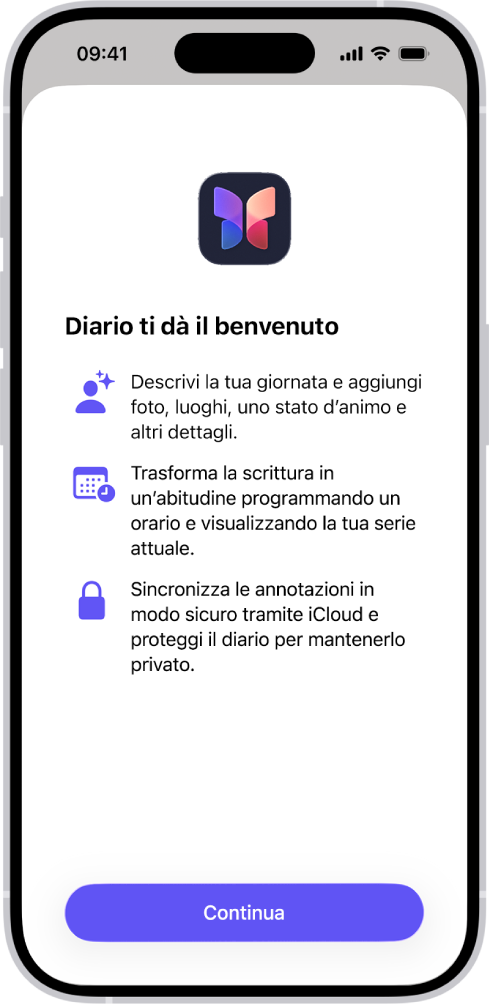 La schermata di benvenuto dell’app Diario.