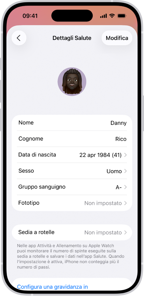 La schermata “Dettagli Salute” che comprende i campi Nome, “Data di nascita”, “Gruppo sanguigno” e altre informazioni.