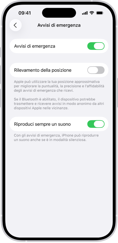 La schermata di “Avvisi di emergenza” con le opzioni “Avvisi di emergenza”, “Rilevamento della posizione” e “Riproduci sempre un suono” attivate.