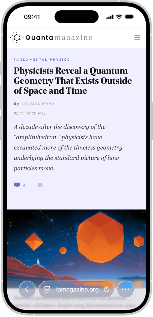 Un sito web aperto in Safari, con il layout pannelli Compatto. Nella parte inferiore, da sinistra a destra, sono visualizzati i pulsanti Indietro, il pulsante Menu pagina, il campo di ricerca, il pulsante Ricarica e il pulsante Altro.