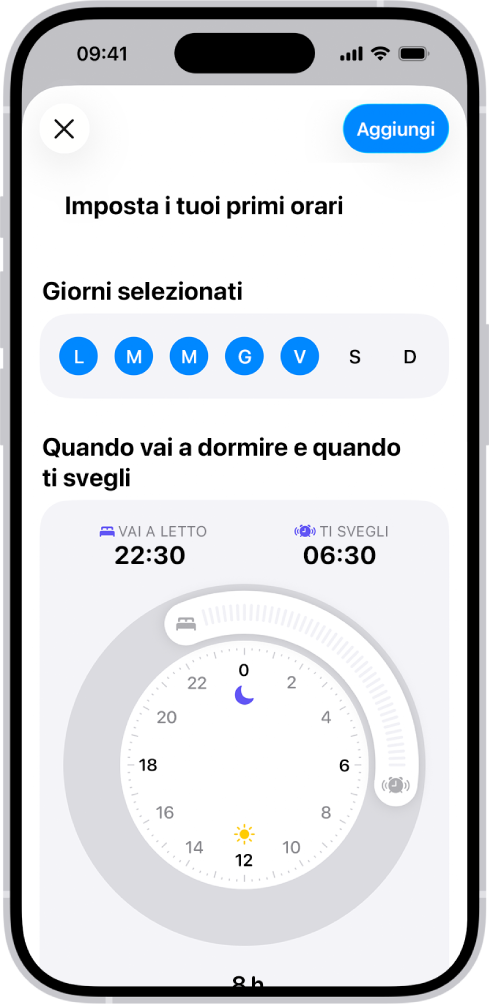 La schermata “Imposta i tuoi primi orari” nell’app Salute con la sezione “Giorni selezionati” e l’orologio con gli orari per andare a dormire e svegliarsi.