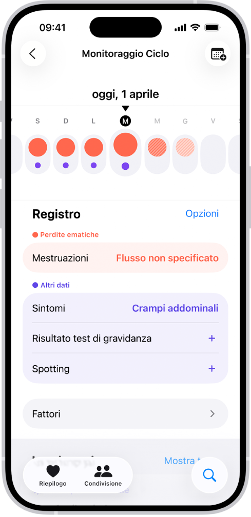 La schermata di “Monitoraggio ciclo” che mostra la timeline per una settimana nella parte superiore dello schermo. I primi giorni della timeline sono contrassegnati con cerchi di colore rosso e punti viola sotto di essi. Sotto la timeline sono presenti opzioni per aggiungere informazioni su mestruazioni, sintomi e altro ancora.