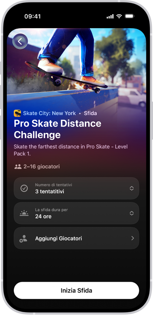 La schermata di configurazione di una sfida che mostra opzioni per impostare il numero di tentativi e la durata della sfida prima di giocare con gli amici.