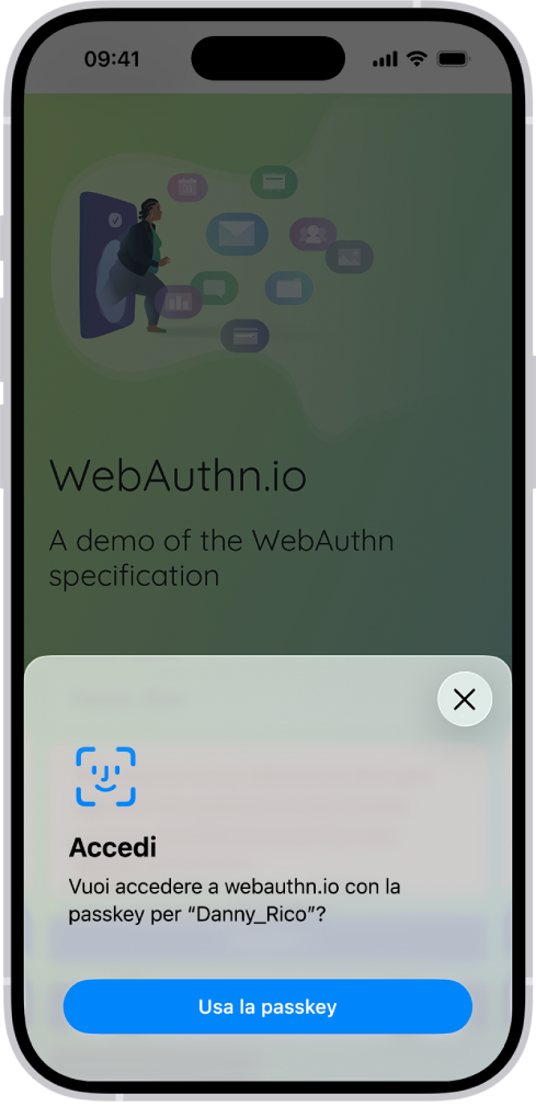 La metà inferiore della schermata di iPhone con l’opzione per utilizzare una passkey per accedere a un sito web.