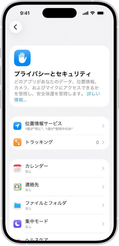 「プライバシーとセキュリティ」画面。「位置情報サービス」と「トラッキング」の設定、およびデータにアクセスできるアプリを制御する設定が表示されています。