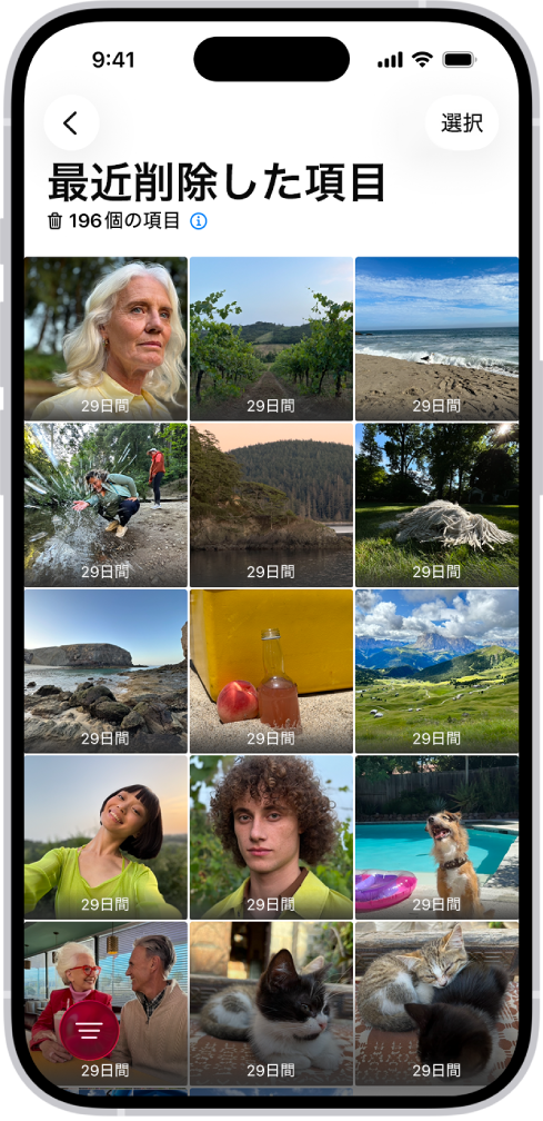 写真アプリの「最近削除した項目」フォルダ。画面上に最近削除した写真がグリッドで表示されています。