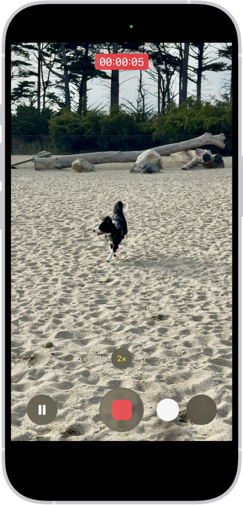 カメラのフレームが画面全体に表示されています。画面下部ではシャッターボタンが右に移動しています。これはQuickTakeビデオの録画を始めるときの動きを表しています。