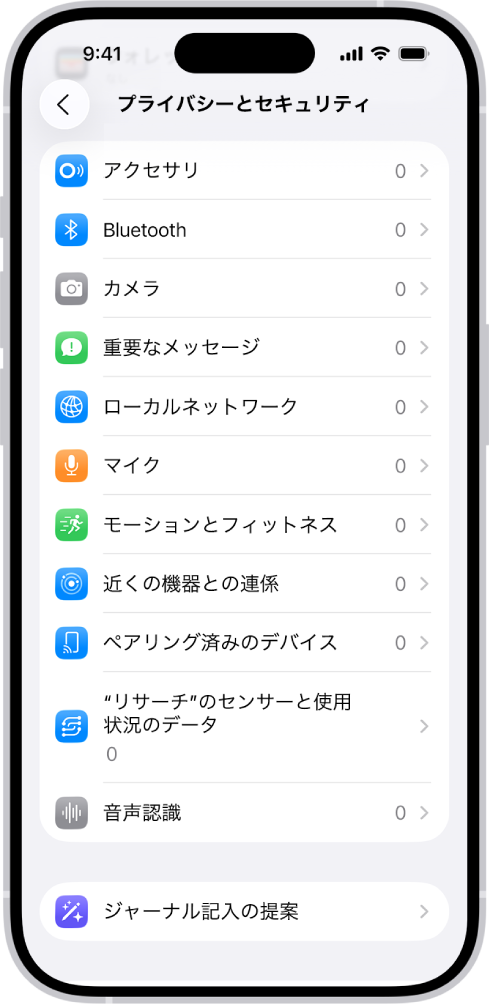 「プライバシーとセキュリティ」画面。アプリでiPhoneのカメラやマイクなどのパーツを使用できるかどうかを制御する設定が表示されています。