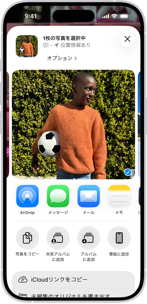 iPhoneの画面の上半分に選択した写真が表示され、その下に一連の共有オプションが表示されています。その下には、「写真をコピー」、「共有アルバムに追加」、「アルバムに追加」、「壁紙に設定」など、その他のアクションが表示されています。