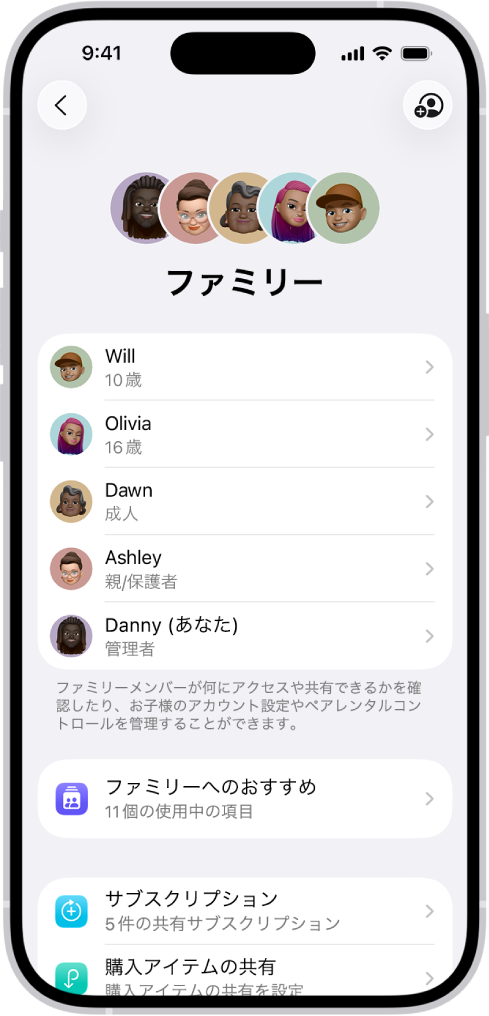 「設定」の「ファミリー共有」画面。5人のファミリーメンバーがリストされており、それぞれの名前の下には「ファミリーチェックリスト」があり、その下には「サブスクリプション」と「購入アイテムの共有」オプションがあります。