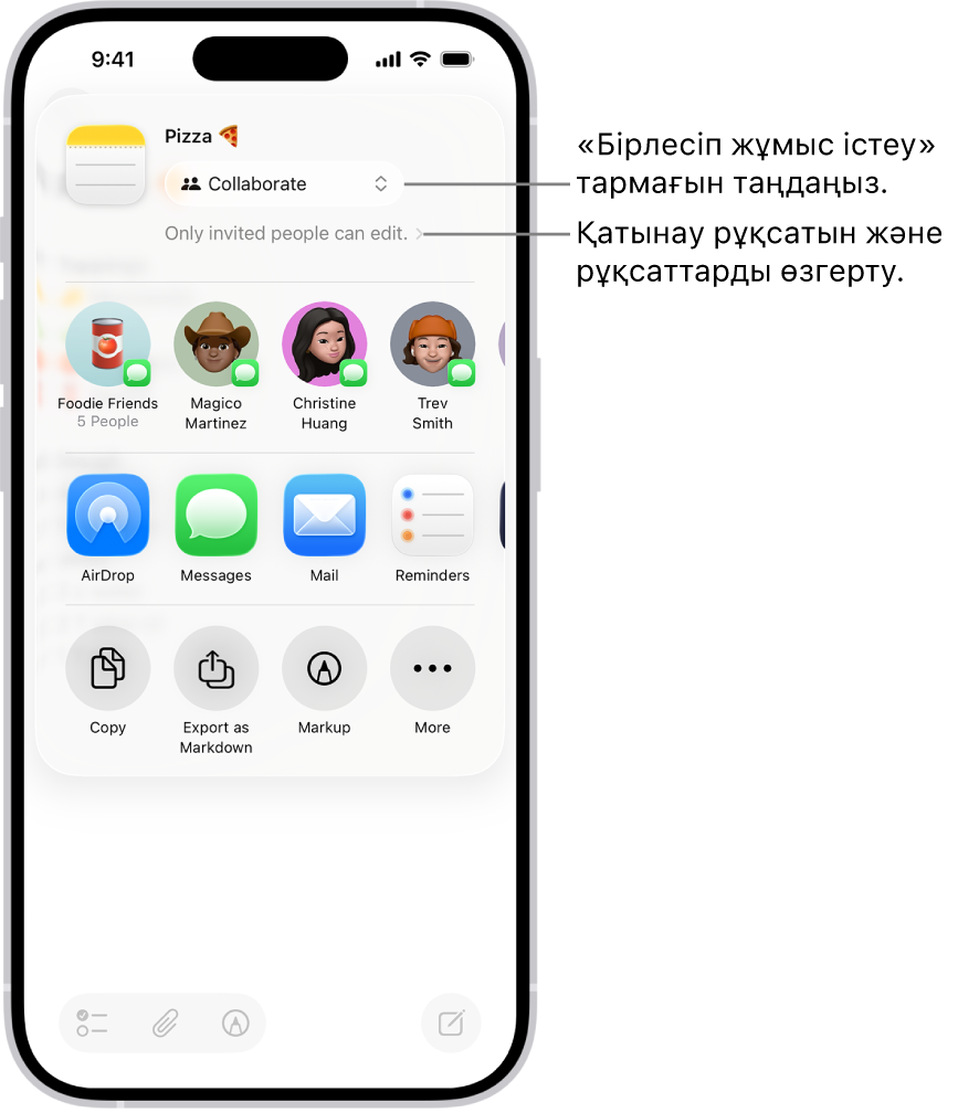 Бөлісу опциясы үшін «Бірлесіп жұмыс істеу» түймесін және кіру және рұқсат реттеуі ретінде «Шақырылған пайдаланушылар ғана өңдей алады» реттеуін көрсетіп тұрған «Жазбалар» қолданбасындағы рецептіге бірлесіп жұмыс істеу шақыруы. Төрт ықтимал алушы, соның ішінде бір топ одан төмен жолды құрайды. Келесі қатар жазбаны бөлісудің әртүрлі жолдарын ұсынады: AirDrop, «Хабарлар», «Пошта» және «Еске салғыш».
