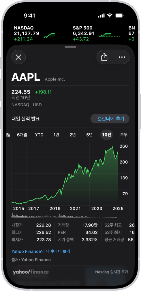 화면 중간의 차트에 10년 동안의 주식 실적이 나타남. 차트 위에는 회사가 다음 날 실적 발표를 공유할 예정이라는 알림과 해당 이벤트를 캘린더에 추가할 수 있는 버튼이 있음.