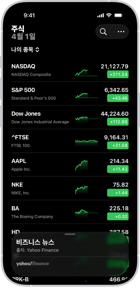다양한 주식의 목록을 나타내는 주식 앱의 관심 종목. 목록에 있는 각 주식은 왼쪽에서 오른쪽으로 주식 종목 및 이름, 실적 차트, 주가 및 시세 변동을 나열함. 오른쪽 상단에 검색 버튼이 있음. 화면 하단에는 비즈니스 뉴스가 있음.