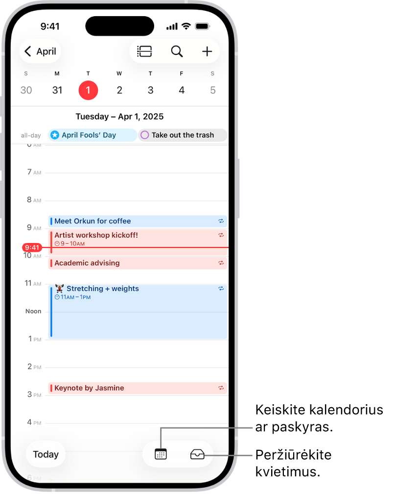 Kalendoriaus dienos rodinyje rodomi dienos įvykiai. Mygtukas „Kalendoriai“ yra ekrano apačioje centre, o mygtukas „Gautieji“ – apačioje dešinėje.