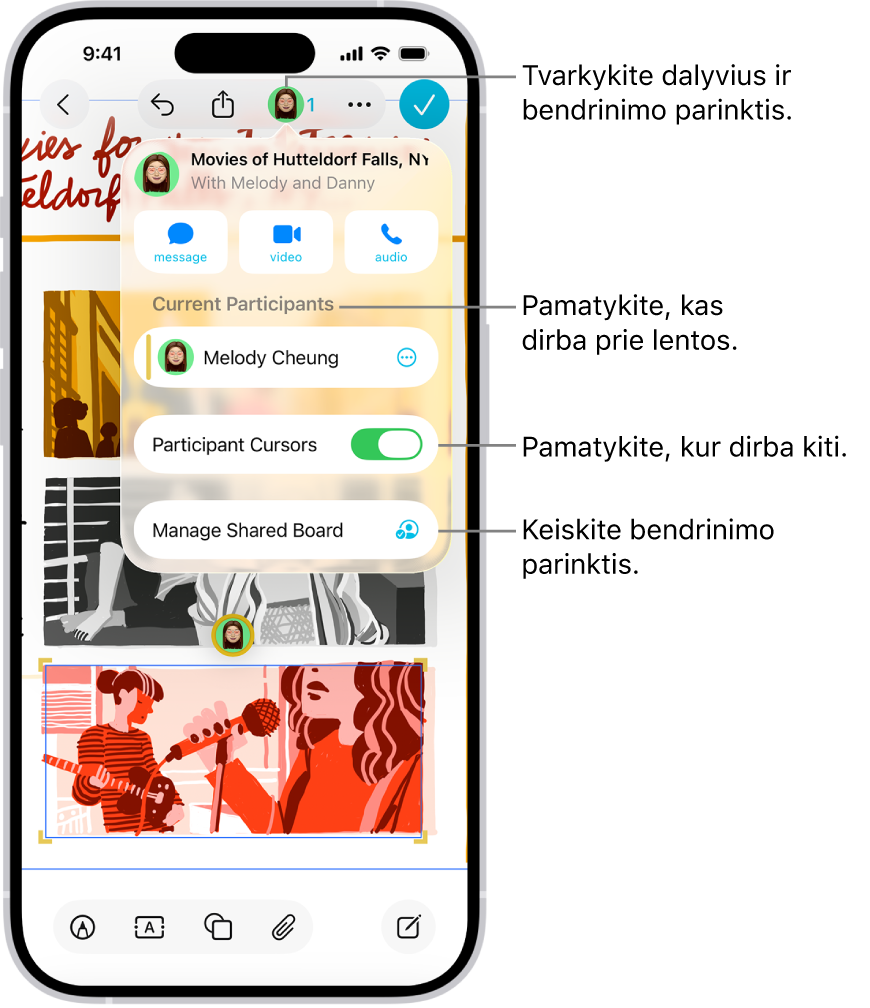 Bendrinama „Freeform“ lenta „iPhone“ įrenginyje su atidarytu bendradarbiavimo meniu.