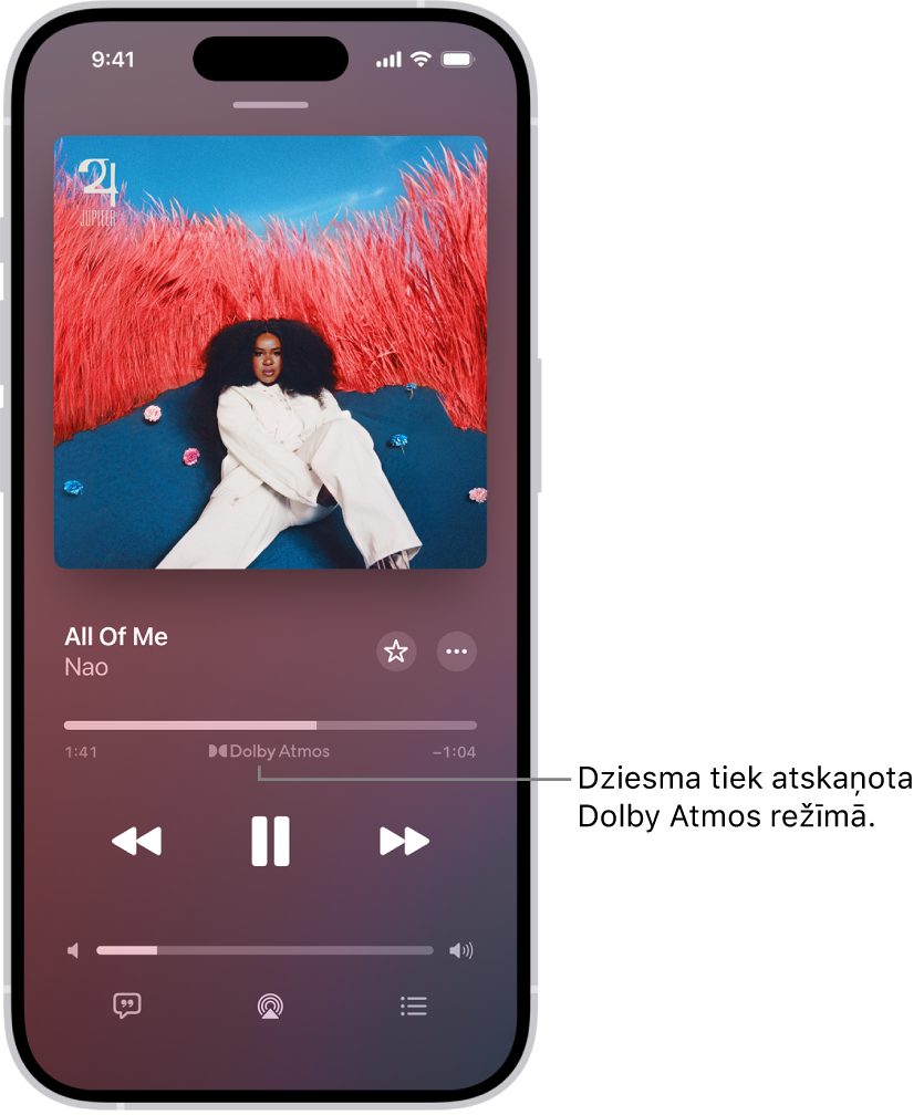 Ekrāns Now Playing, kurā tiek rādīta atskaņotā ieraksta Dolby Atmos ikona.