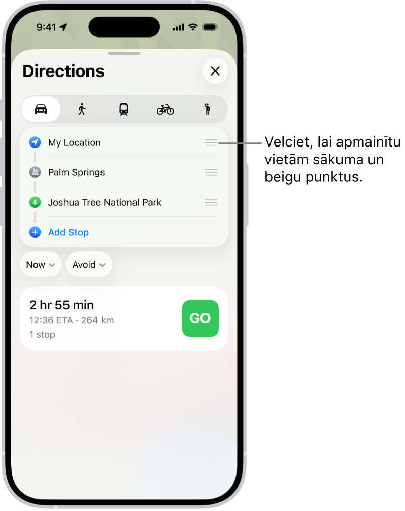 Karte ar norādēm vairākiem iespējamiem maršrutiem braukšanai ar automašīnu no My Location līdz galamērķim.