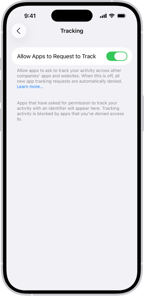 Skrin Penjejakan, dengan seting untuk mengawal sama ada app boleh meminta untuk menjejak anda merentas tapak web atau app yang dimiliki oleh syarikat lain.