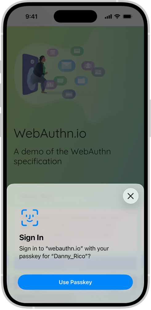 Separuh bawah skrin iPhone menunjukkan pilihan untuk menggunakan kunci laluan bagi mendaftar masuk ke tapak web.