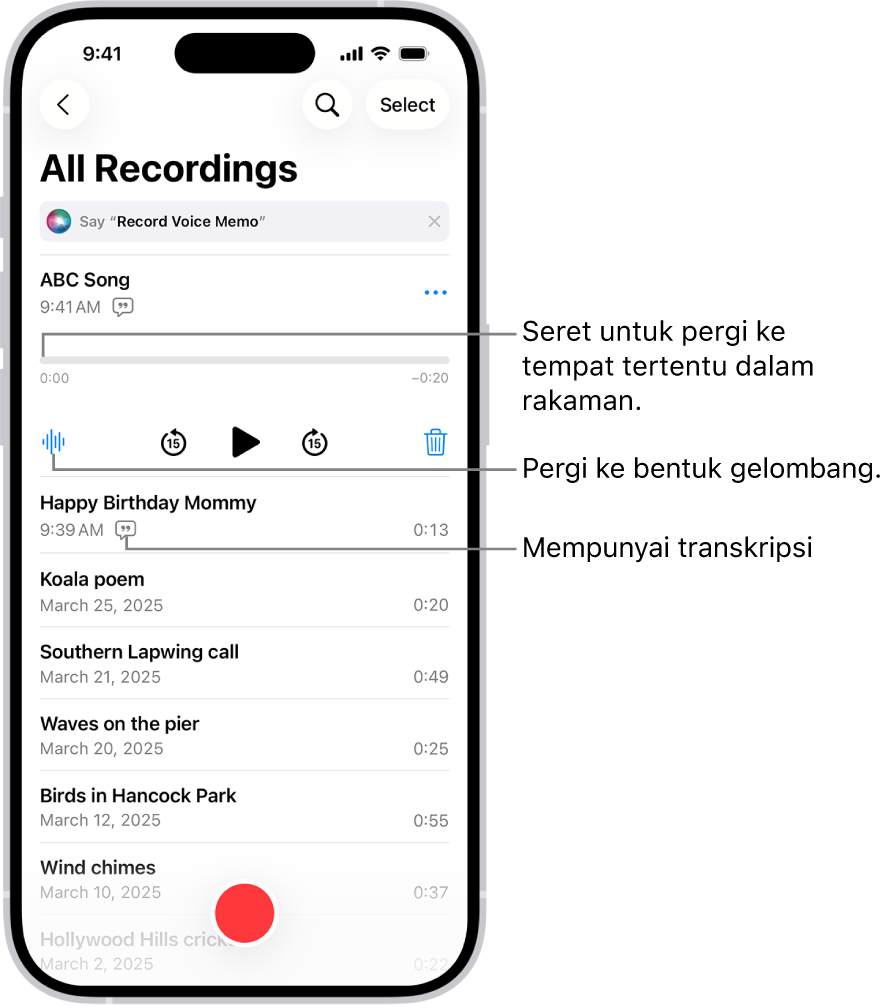 Skrin senarai Memo Suara dengan rakaman dipilih di bahagian atas. Garis masa rakaman mempunyai penunjuk main, yang anda boleh seret ke tempat khusus dalam rakaman. Kawalan main adalah di bawah garis masa.