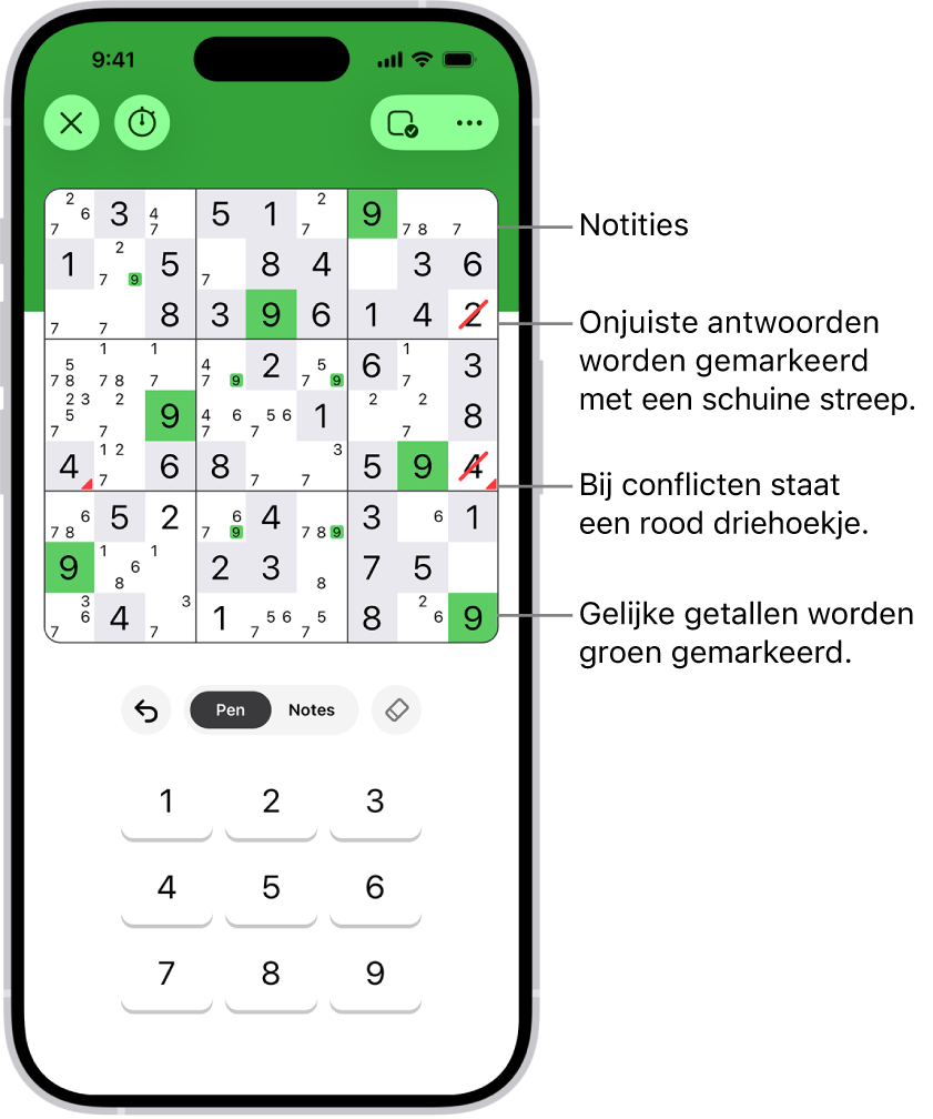 Een sudoku waarbij verschillende functies zijn ingeschakeld: 'Notes', 'Highlight Matching Numbers', 'Show Conflicts' en 'Autocheck'.