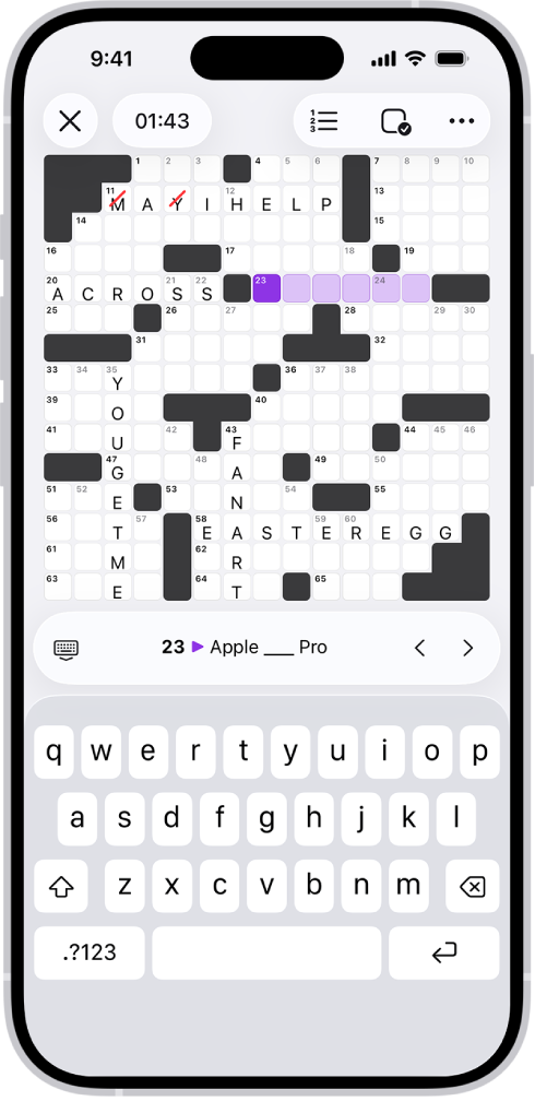 Een deels ingevulde kruiswoordpuzzel, met erboven regelaars, en onderaan een geopend toetsenbord.