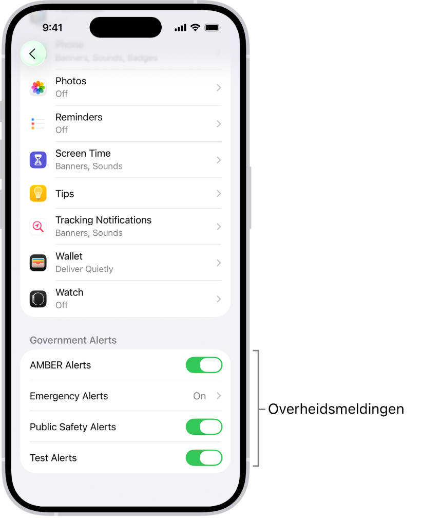 Het meldingenscherm met de overheidsmeldingen die je kunt inschakelen om overheidsmeldingen te ontvangen.